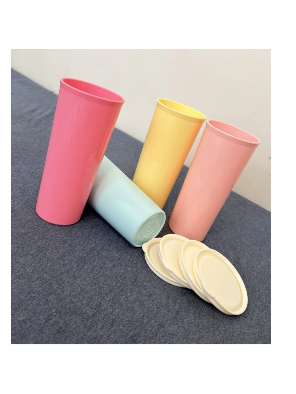Set of Pastel Plastic Tumblers with Lids - Pink, Yellow, Peach, Mint